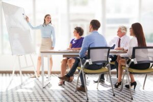 A picture of a workshop taking place in an office. A woman is drawing on a flip chart.