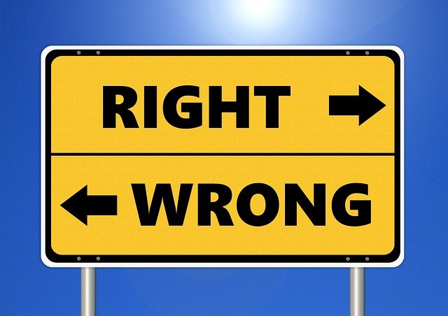 A road-sign pointing to "right" and "wrong", oversimplifying ethics in business analysis.