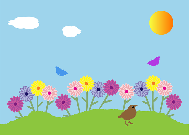 A garden containing flowers, birds, and butterflies. The sun and clouds are in the sky.