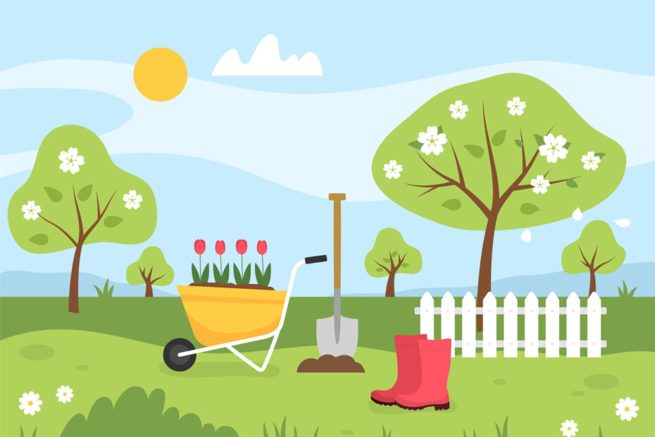 A garden with trees and plants. A spade and boots suggest the presence of a gardener.