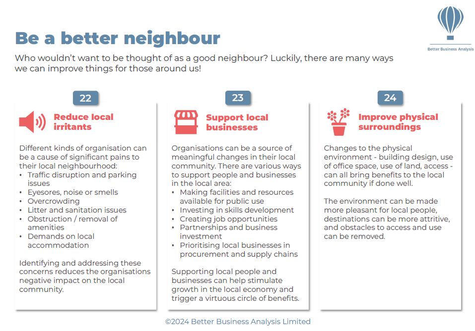 A page from my 'Better Benefits' guide describing how an organisation can be a better neighbour.